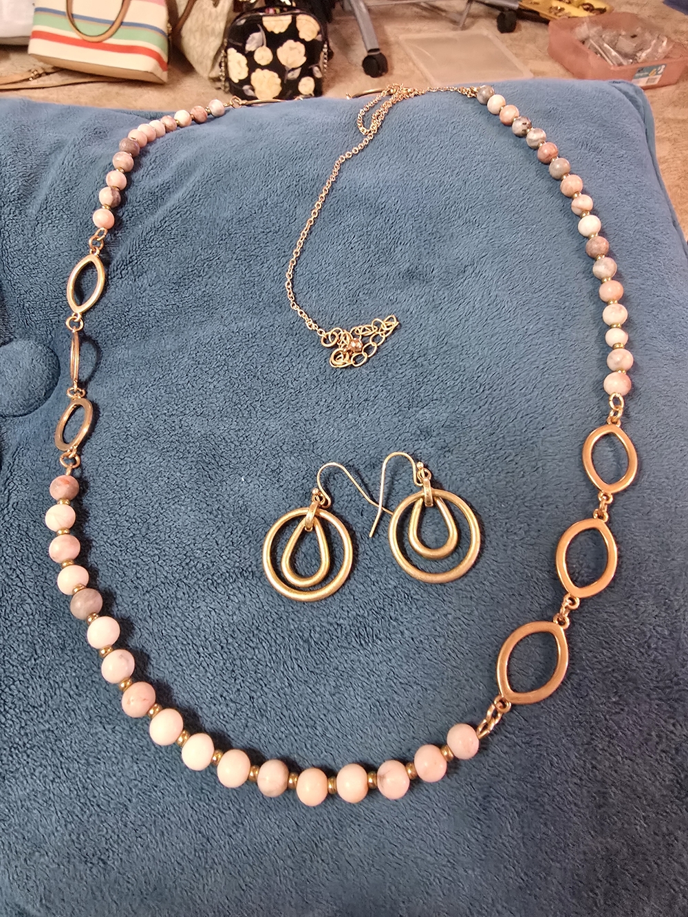 Gold-Tone Pink Beaded Necklace and Hoop Earrings Set